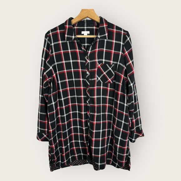 J Jill Womens size Large Plaid Long Sleeve Tunic Button Down Top Pockets Black - Picture 1 of 11